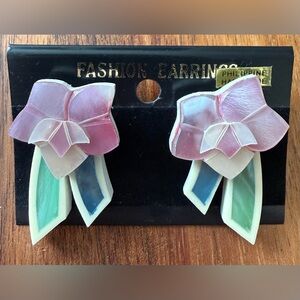 Vintage Thick Acrylic Pink and Green Floral Pierced Earrings Inlay 90s Deadstock